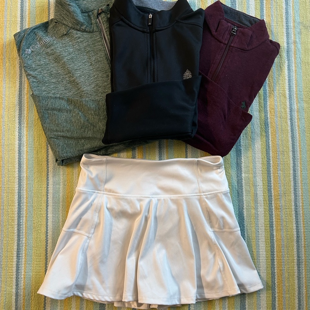 WOMENS GOLF SET White Athletic Skirt & 3 Long Sleeve Quarter Zips